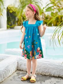 SHEIN Toddler Girls Tropical Print Ruffle Trim Dress