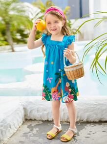 SHEIN Toddler Girls Tropical Print Ruffle Trim Dress