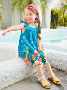 SHEIN Toddler Girls Tropical Print Ruffle Trim Dress