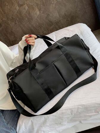 黑色旅行包帶濕口袋,大容量行李袋帶鞋格適合旅行健身房運動