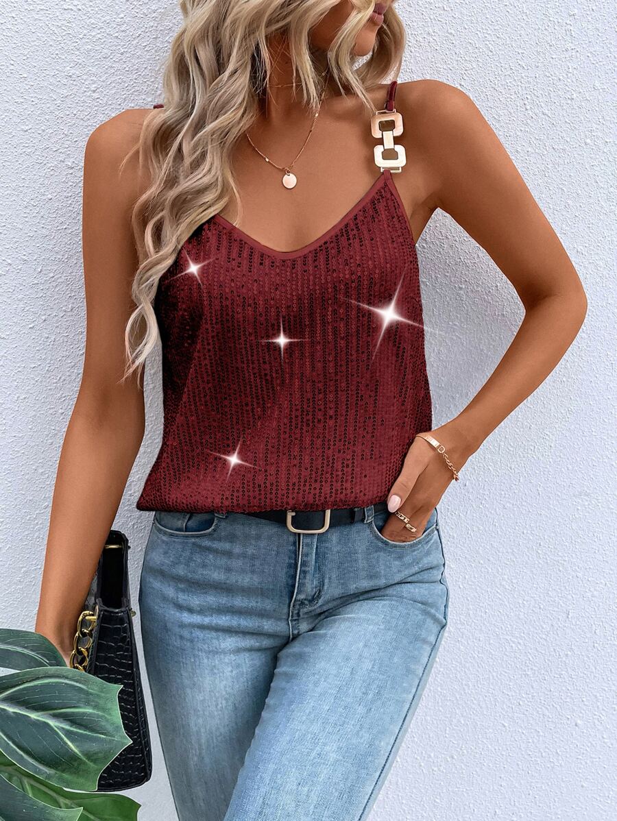 SHEIN Privé Chain Detail Sequin Cami Top - Burgundy - View 1