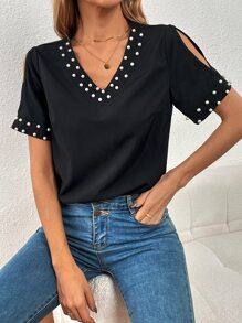 SHEIN LUNE 珍珠串珠挖空細節連體衣 - 黑色 - 查看 1