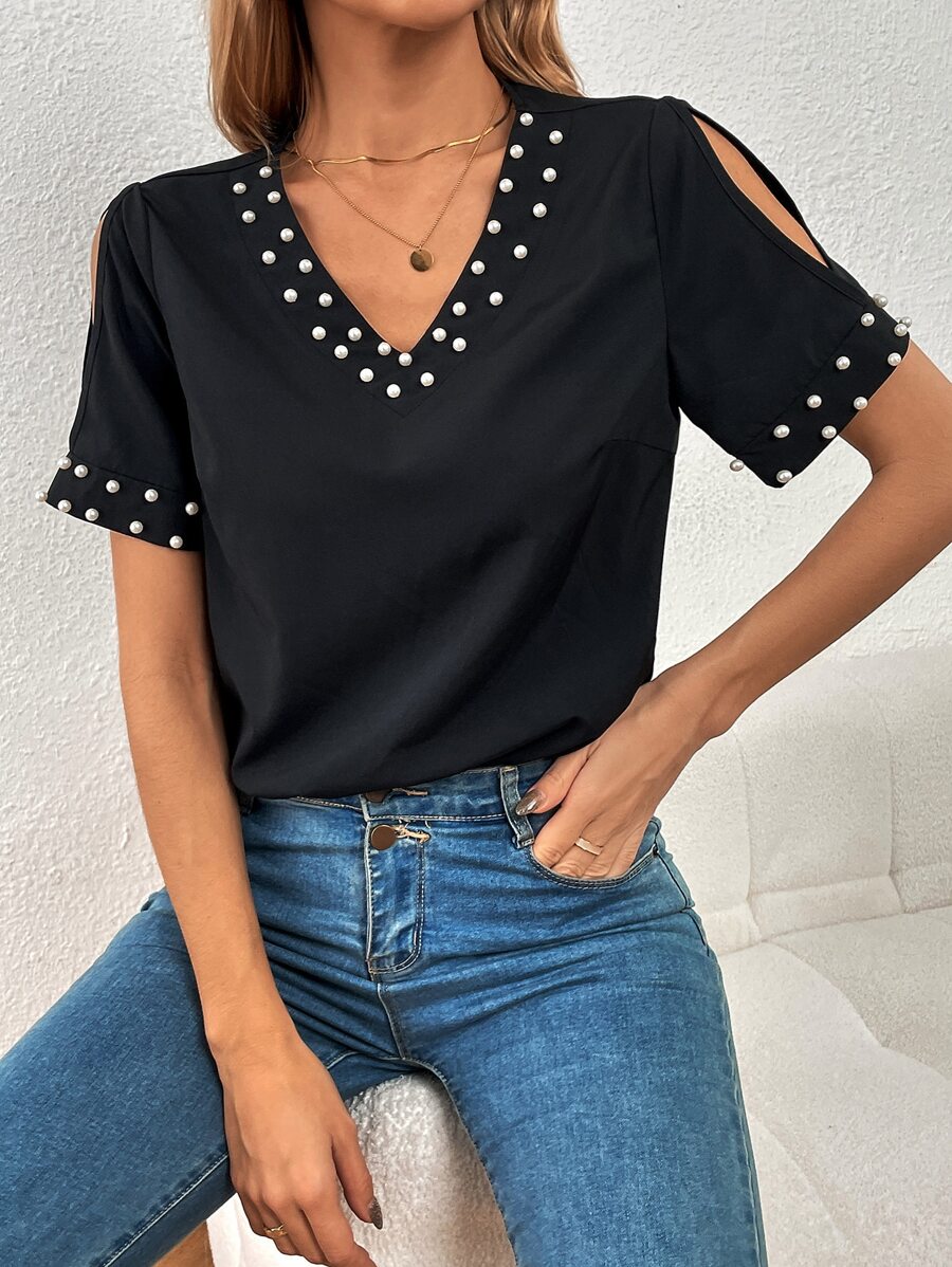 SHEIN LUNE 珍珠串珠挖空細節連體衣 - 黑色 - 查看 1