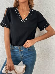 SHEIN LUNE 珍珠串珠挖空細節連體衣 - 黑色 - 查看 5