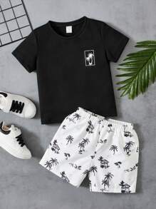 SHEIN 2 件装幼儿男童休闲舒适百搭椰子树印花短袖上衣和编织短裤套装 - 白色 - 查看 1