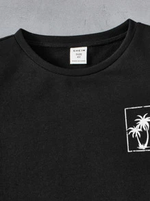 SHEIN 2 件装幼儿男童休闲舒适百搭椰子树印花短袖上衣和编织短裤套装 - 白色 - 查看 3