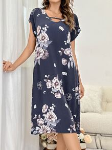 印花蝙蝠袖睡裙