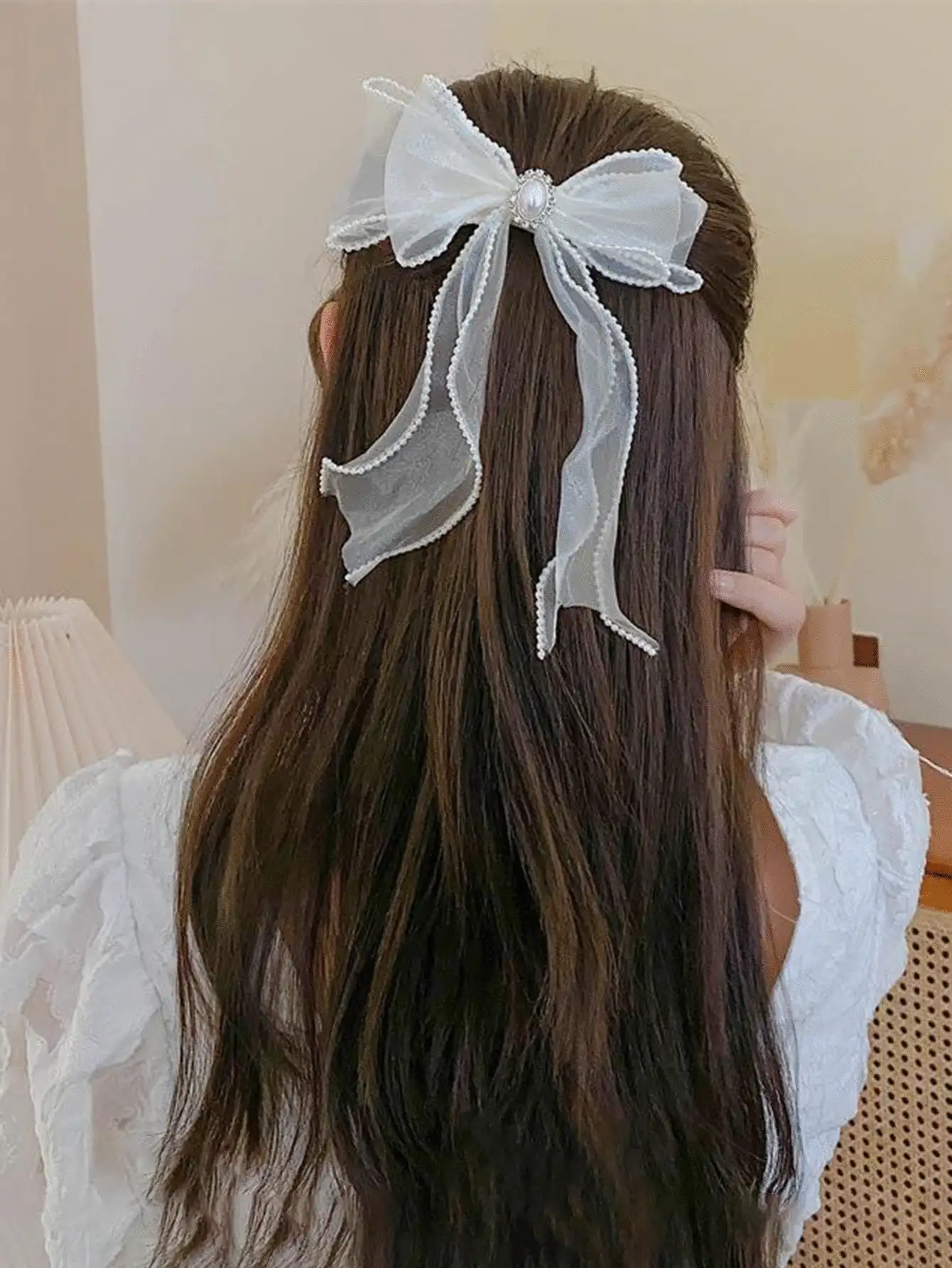 1个蝴蝶结优雅装饰发夹，情人节礼物，蝴蝶结发夹，发卡，学生用品，大学，仿珍珠发饰，蝴蝶结，可爱，派对造型，头部配饰，发夹 - 米色 - 查看 2