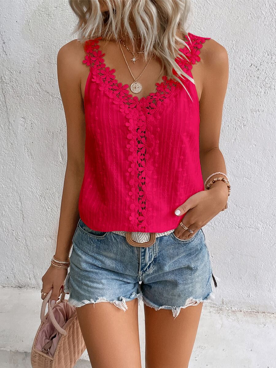 SHEIN LUNE Guipure Lace Panel Wide Straps Top - Red - View 1