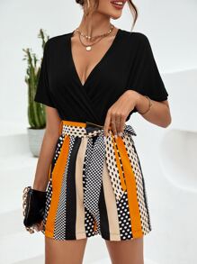 Chiquease Polka Dot Print Belted Romper - Black - View 1