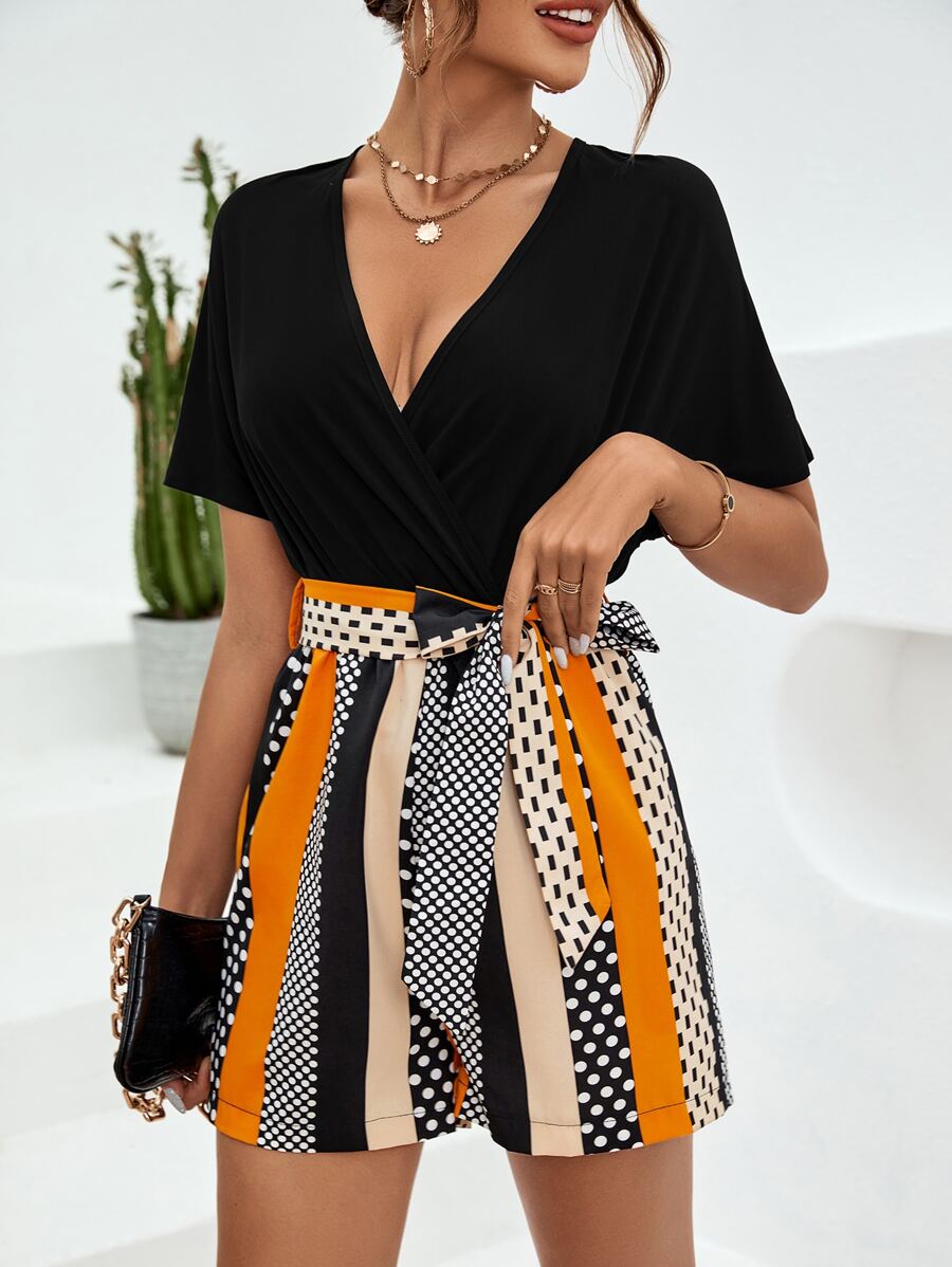 Chiquease Polka Dot Print Belted Romper - Black - View 1