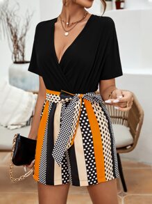 Chiquease Polka Dot Print Belted Romper - Black - View 3