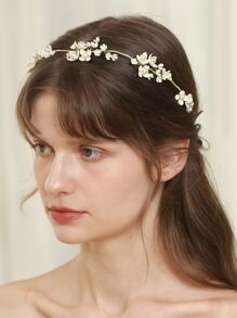花和人造珍珠裝飾新娘髮帶 - 金色 - 查看 1