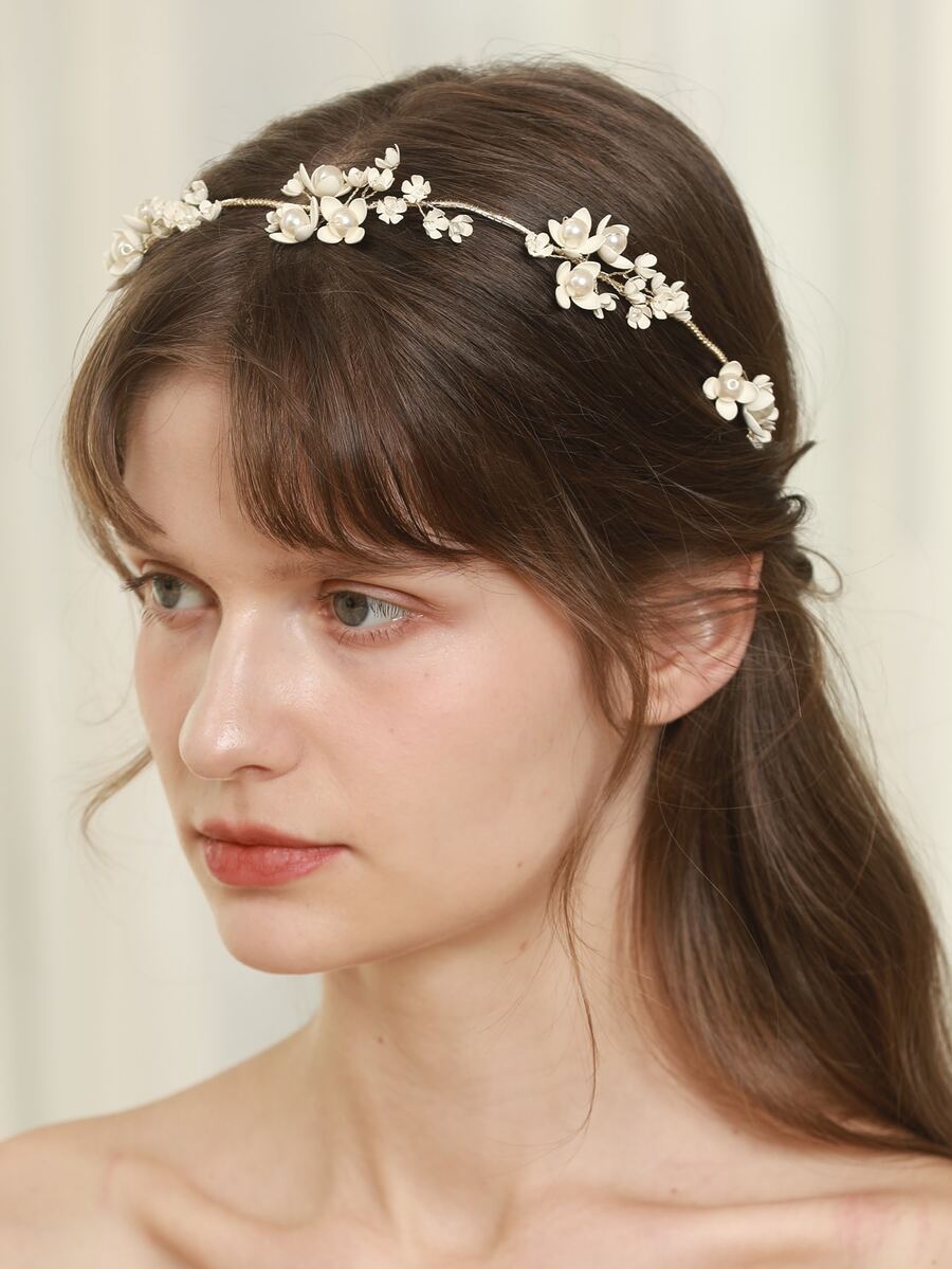 花和人造珍珠裝飾新娘髮帶 - 金色 - 查看 1