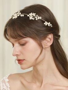 花和人造珍珠裝飾新娘髮帶 - 金色 - 查看 2