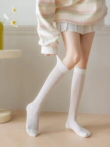 素色高筒襪 - 白色 - 查看 1