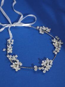 花和人造珍珠裝飾新娘髮帶 - 金色 - 查看 7