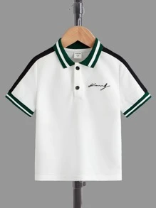 SHEIN Áo thun polo tay lỡ họa tiết tiếng Anh thoải mái, đa năng, dễ thương cho bé trai - trắng - Xem 1