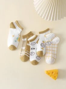 5 pares Calcetines tobilleros con dibujos animados & con patrón de cuadros - Multicolor - Ver 1
