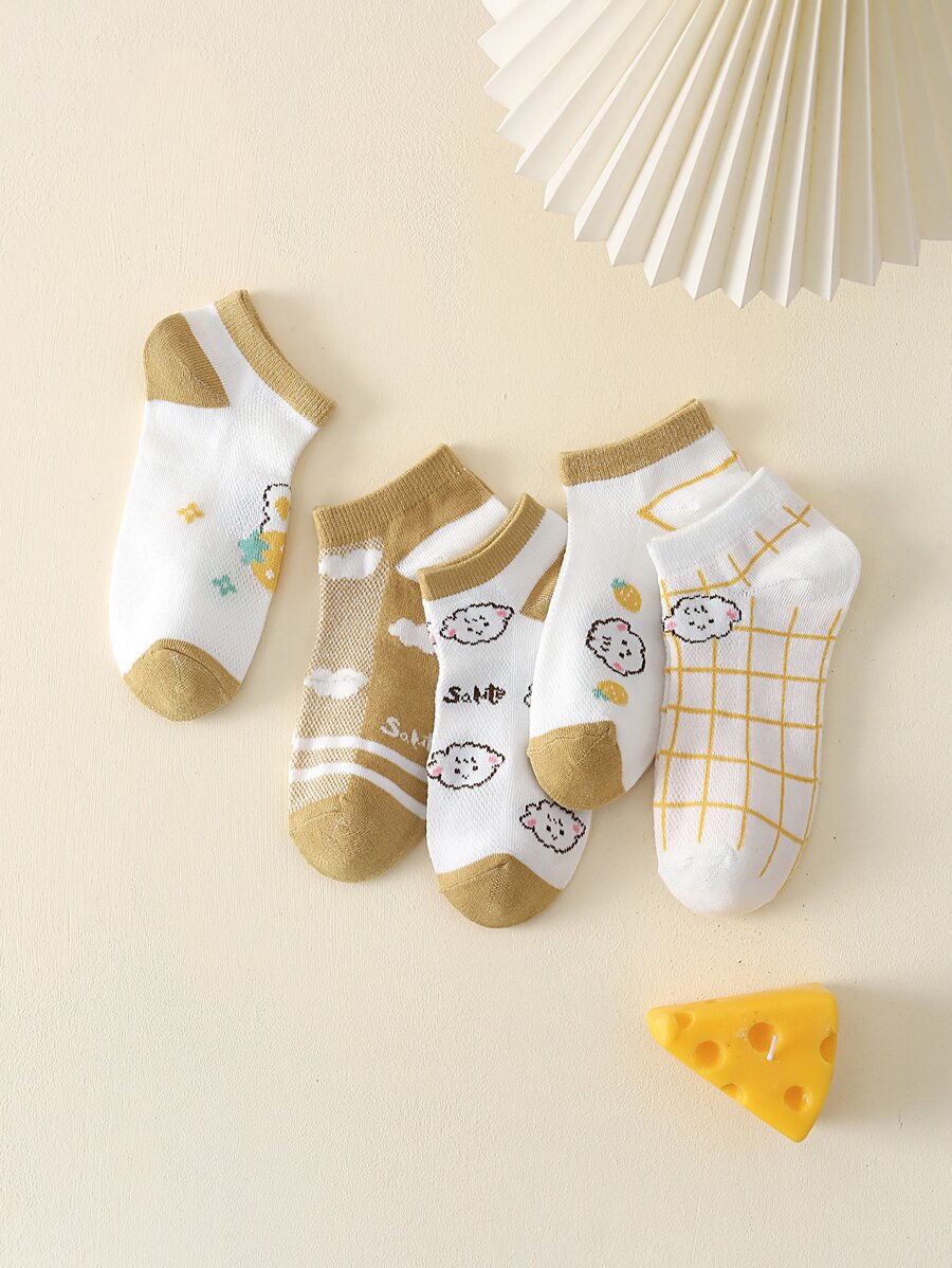 5 pares Calcetines tobilleros con dibujos animados & con patrón de cuadros - Multicolor - Ver 1
