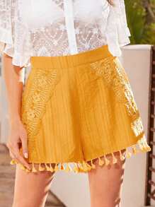 SHEIN VCAY Guipure Lace Insert Tassel Hem Shorts - Yellow - View 1