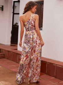 SHEIN VCAY Floral Print One Shoulder Belted Wide Leg Jumpsuit - Multicolor - View 2