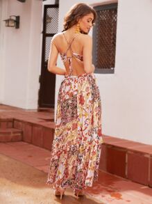 SHEIN VCAY Floral Print Plunging Neck Ruffle Hem Cami Dress - Multicolor - View 2