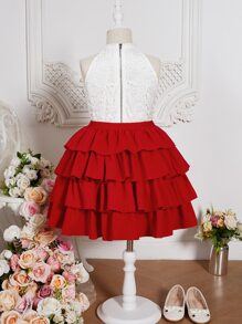 SHEIN 少女花朵蕾絲拉鍊背心和分層擺裙 - 紅白色 - 查看 4