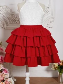 SHEIN 少女花朵蕾絲拉鍊背心和分層擺裙 - 紅白色 - 查看 5