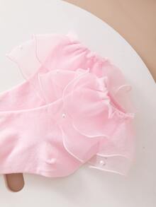 人造珍珠裝飾荷葉邊中筒襪 - 粉色 - 查看 4