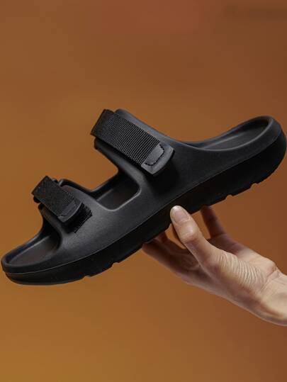 Black Slide Shoes Men Hook-and-loop Fastener Flip Flops & Slides