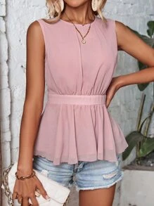 SHEIN LUNE Solid Peplum Waist Sleeveless Blouse - Pink - View 6