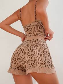 豹紋印花胸部褶皺吊帶背心和短褲睡衣套裝 - 彩色 - 查看 2