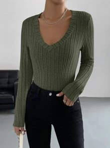 SHEIN EZwear Áo thun nữ Gân đan màu trơn Giải trí - xanh quân đội - Xem 3