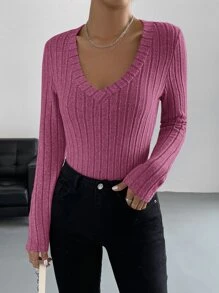 SHEIN EZwear Áo thun nữ Gân đan màu trơn Giải trí - Màu Hồng Tươi - Xem 3