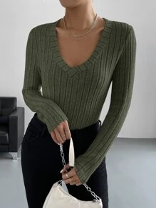 SHEIN EZwear Áo thun nữ Gân đan màu trơn Giải trí - xanh quân đội - Xem 4