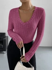 SHEIN EZwear Áo thun nữ Gân đan màu trơn Giải trí - Màu Hồng Tươi - Xem 4