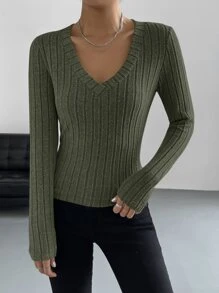 SHEIN EZwear Áo thun nữ Gân đan màu trơn Giải trí - xanh quân đội - Xem 5