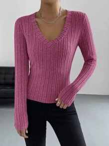 SHEIN EZwear Áo thun nữ Gân đan màu trơn Giải trí - Màu Hồng Tươi - Xem 5