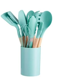 1set Silicone Kitchen Utensil Cooking Shovel, Wooden Handle Cooking Set - Green - View 1