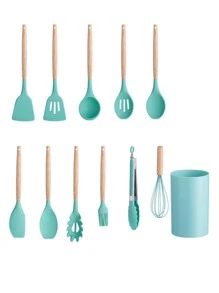 1set Silicone Kitchen Utensil Cooking Shovel, Wooden Handle Cooking Set - Green - View 2