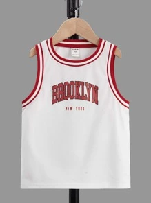 SHEIN 小男童字母圖案條紋飾邊籃球球衣 - 白色 - 查看 1