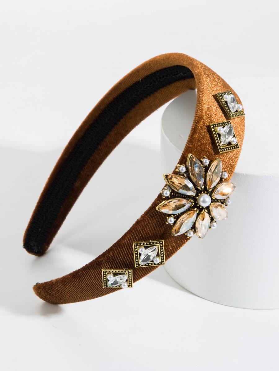 Rhinestone & Faux Pearl Decor Headband - Brown - View 1