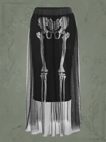 ROMWE Goth Skeleton Graphic Contrast Mesh Skirt - Black - View 1