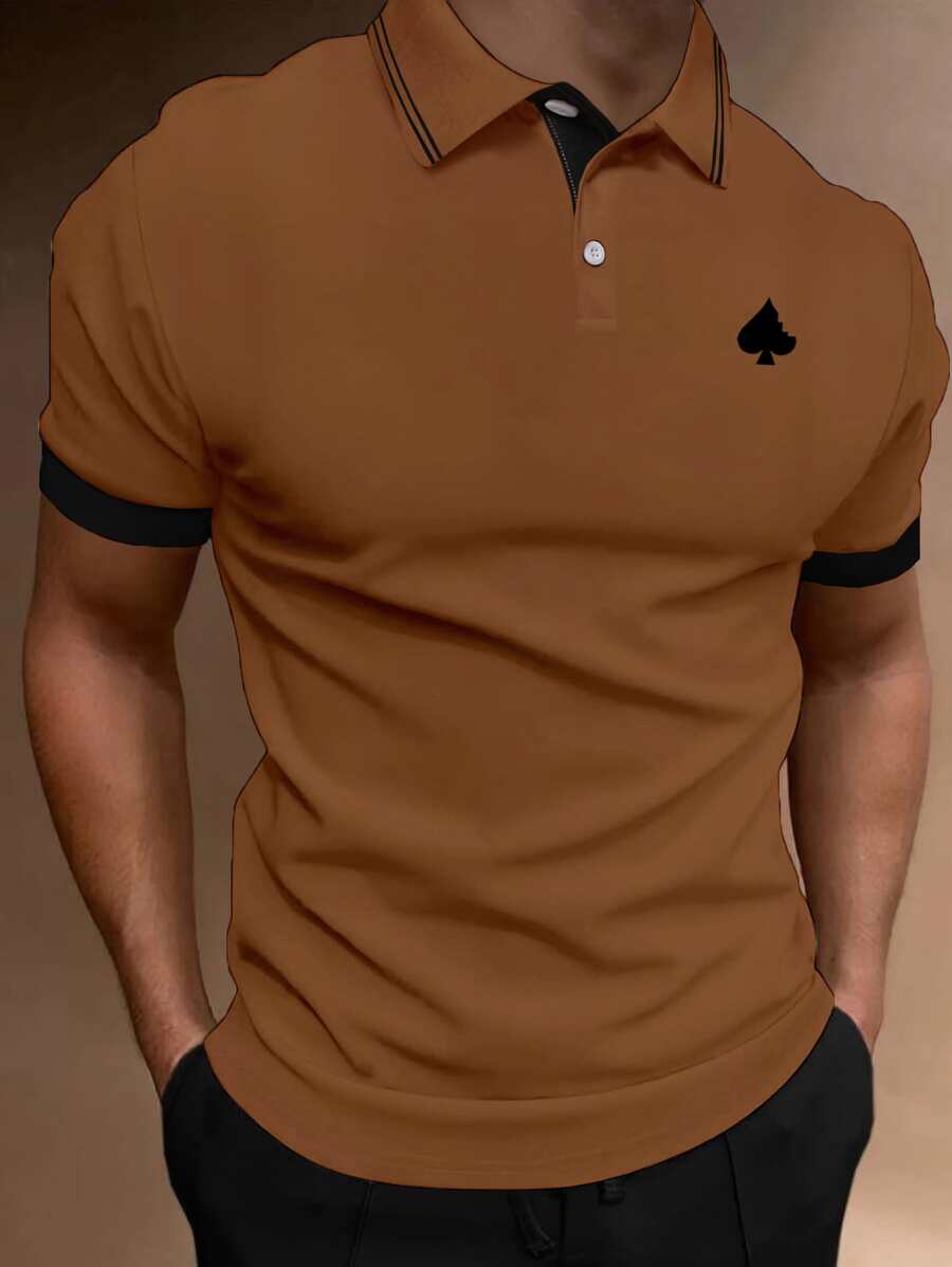 Manfinity Homme Men Playing Card Print Striped Trim Polo Shirt - Brown - View 1