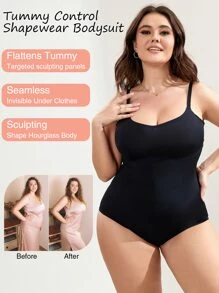 Plus Double Panel Tummy Control Sculpting Butt Lifter Shapewear Bodysuit - Black - View 4