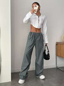 SHEIN EZwear Drawstring Waist Wide Leg Trousers - Grey - View 4