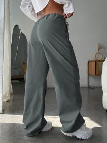 SHEIN EZwear Drawstring Waist Wide Leg Trousers - Grey - View 5