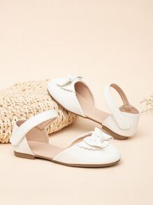 白色踝帶鞋女孩蝴蝶結裝飾貝殼邊踝帶平底鞋