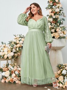 Simplee Plus Contrast Lace Lantern Sleeve Mesh Formal Dress - Mint Green - View 1